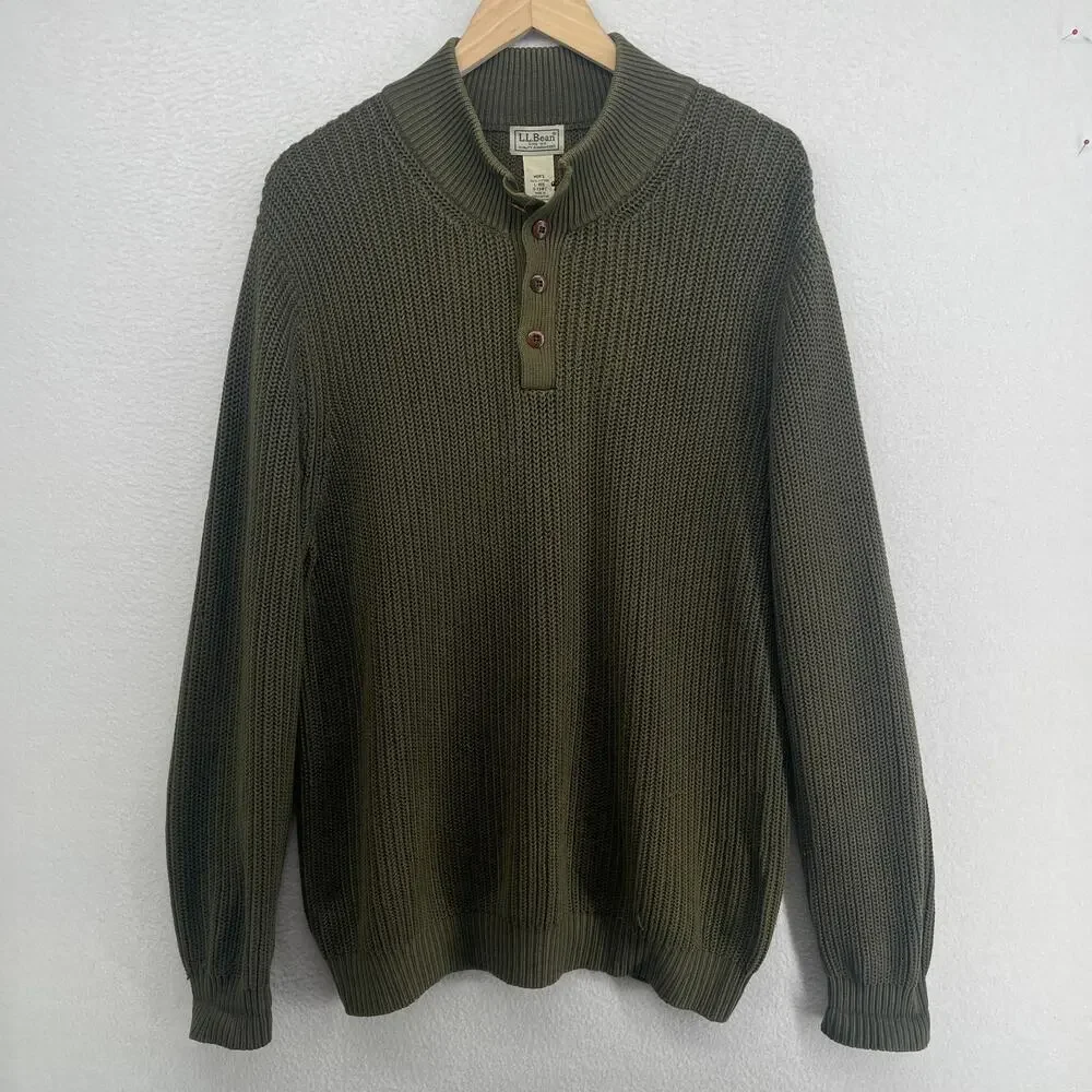 LL BEAN Sweater Mens L Henley Half Button Ribbed Pullover Heavy Cotton Green
